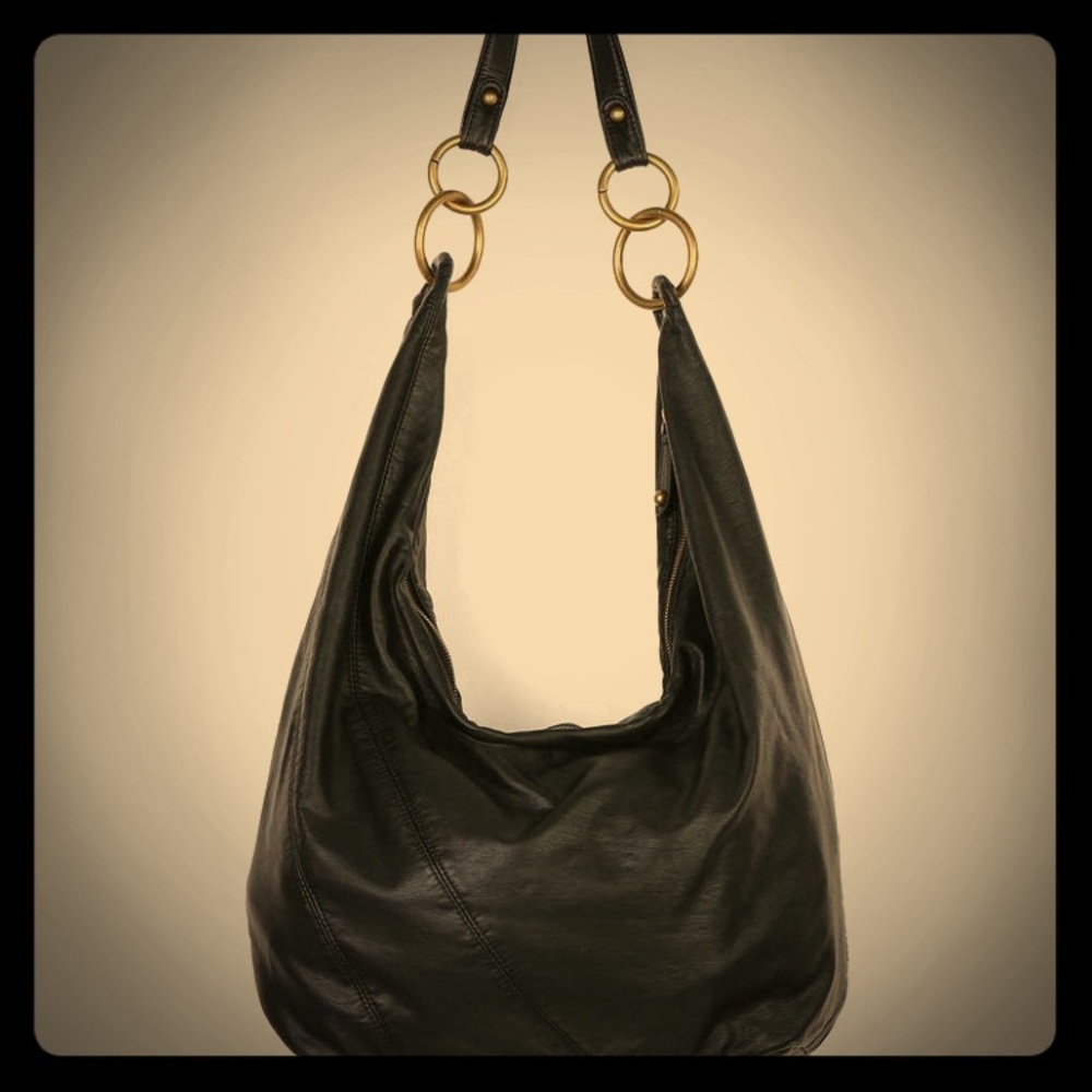 Pins in needles black leather hobo bag purse